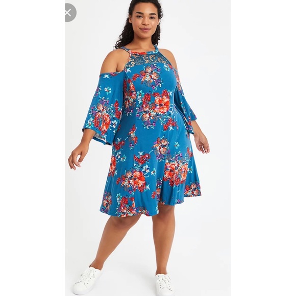 torrid Dresses & Skirts - TORRID SZ 1 COLD SHOULDER FIT & FLARE DRESS - SUPER SOFT FLORAL BLUE